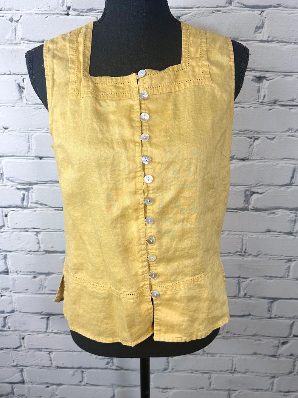 Cleopatra Linen Sleeveless Blouse Button Front XL Yellow Lagenlook Boho Festival - Picture 1 of 13